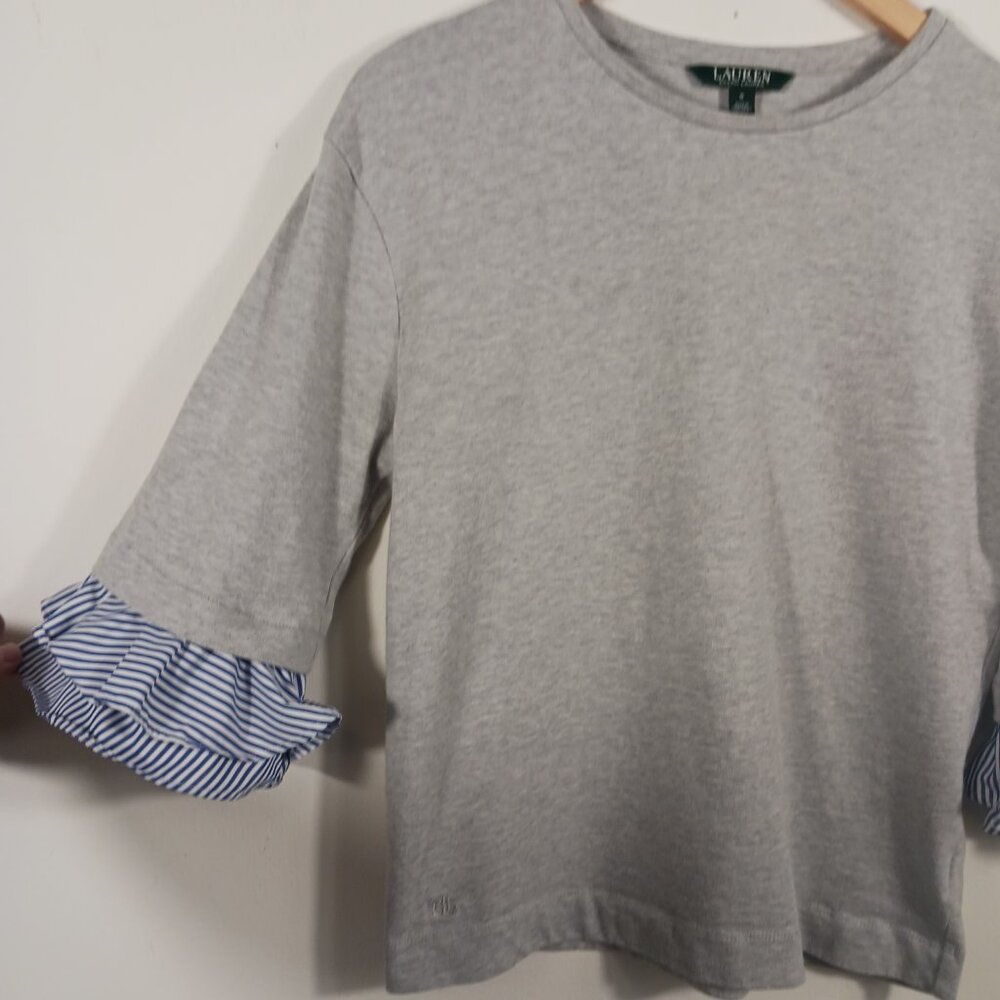 Lauren Ralph Lauren S Casual Gray Top 3/4 Sleeve W/ Navy/White Pinstripe Ruffle - Picture 7 of 15